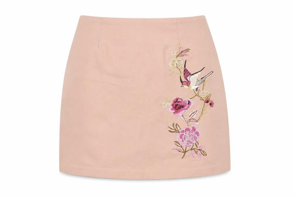 Front view of New Look Women's Beige Embroidered Skirt, size 10