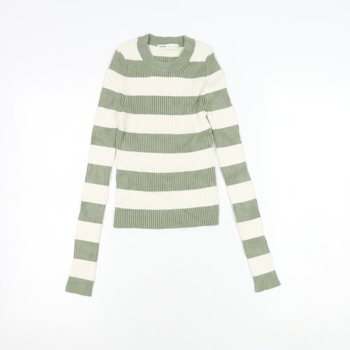 Pull & Bear Women's Green Striped Knit T-Shirt, S