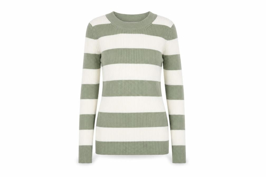 Front view of Pull&Bear Women's Green Striped Knit T-Shirt, S