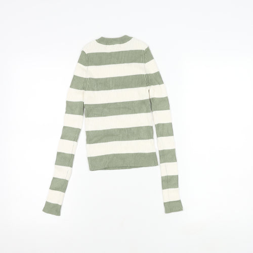 Pull & Bear Women's Green Striped Knit T-Shirt, S