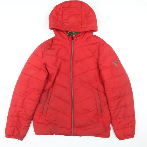 Guess Men's Red Puffer Jacket M Hooded Casual