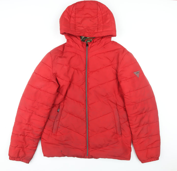 Guess Men's Red Puffer Jacket M Hooded Casual