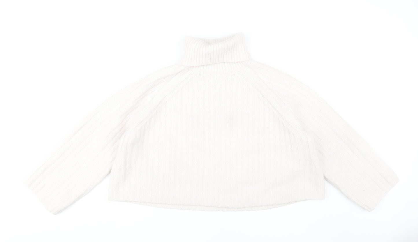 Zara Women White Roll Neck Cable-Knit Jumper M