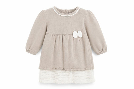 Front view of Rachel Ashwell Beige Baby Dress with Bow, 6-9 Months