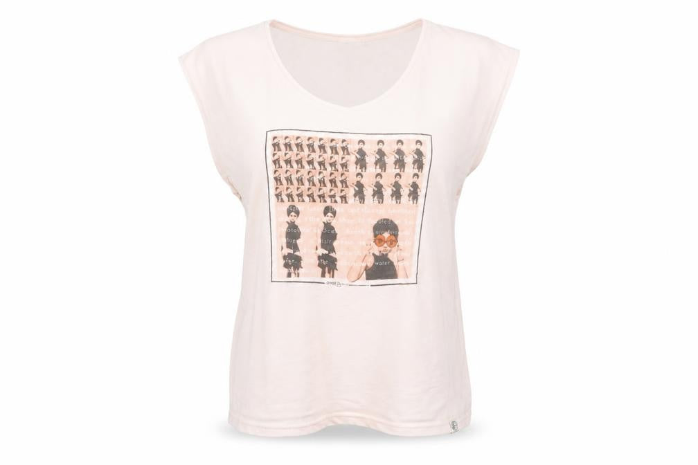 Front view of O'Neill Women's Pink Graphic T-Shirt V-Neck, size L