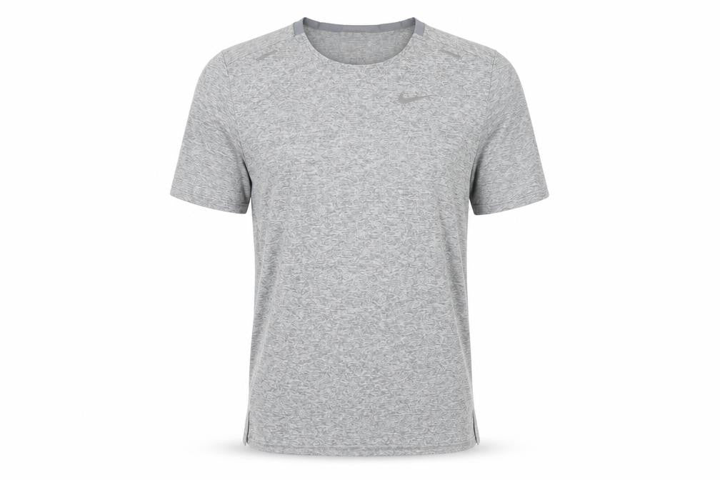 Front view of Nike Men's Grey Running T-Shirt, size S, Breathable, Logo