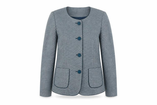 Front view of Eastex Women's Blue Chevron Blazer, size 12