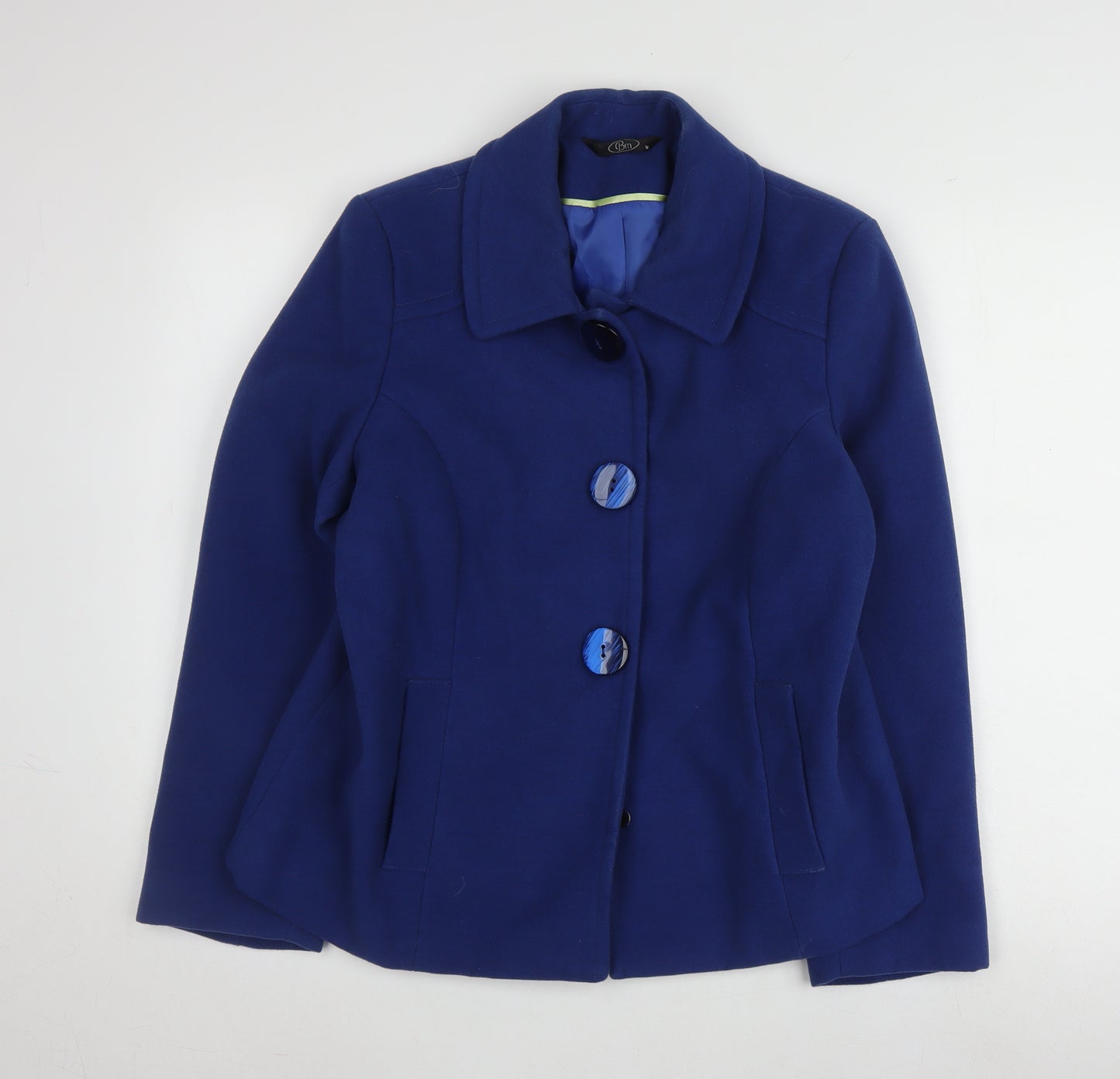 Bm Women's Blue Mid-Length Coat, Size 14, Button Collar