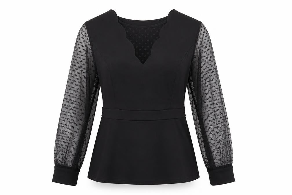 Front view of Grace Karin Women's Black V-Neck Blouse, Elegant Long Sleeve Top
