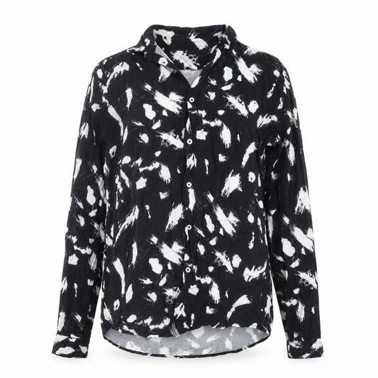 Front view of Zara Women's Black Animal Print Button-Up Shirt, size 10