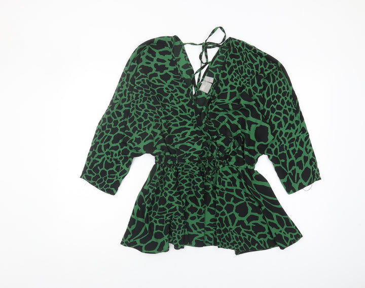 Asos Women Green Wrap Top V-Neck Animal Print Size 8
