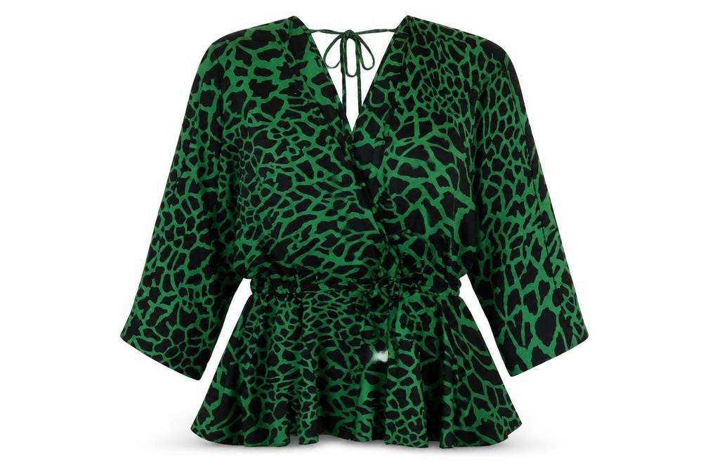 Asos Women Green Wrap Top V-Neck Animal Print Size 8