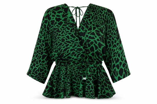 Front view of Asos Women Green Wrap Top V-Neck Animal Print, size 8