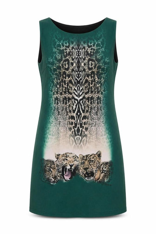 Front view of Boske Women's Green Animal Print Sleeveless Dress