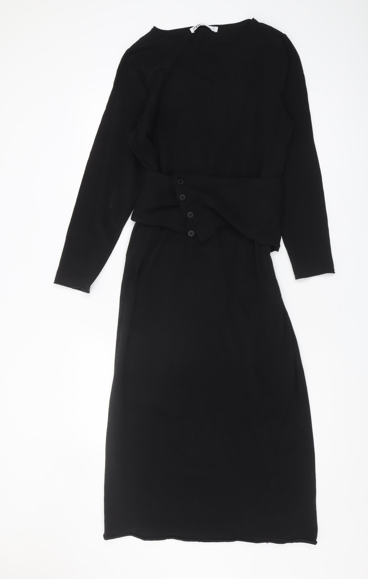 Zara Women's Black Sheath Dress S Midi Knit Belted