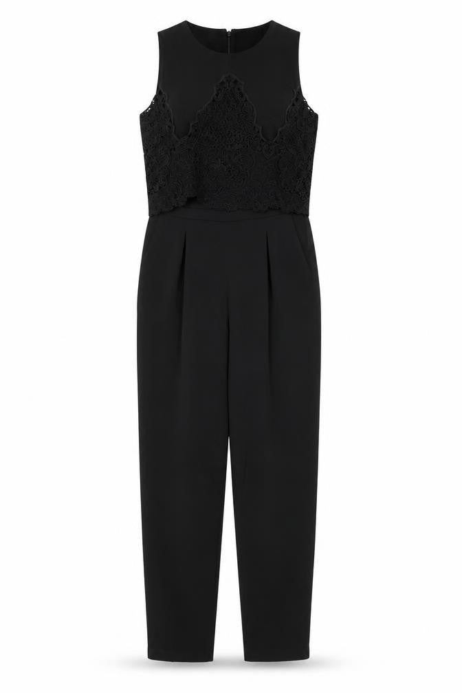 Front view of Warehouse Black Lace Detail Women's Jumpsuit, size 8