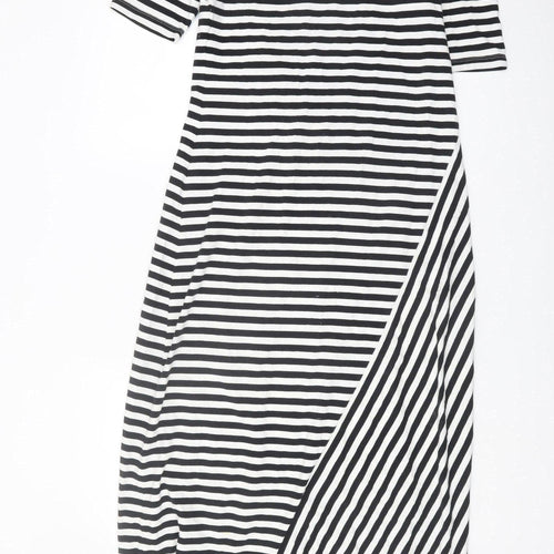 Oui Women's Black V-Neck Striped Shift Dress Size 14