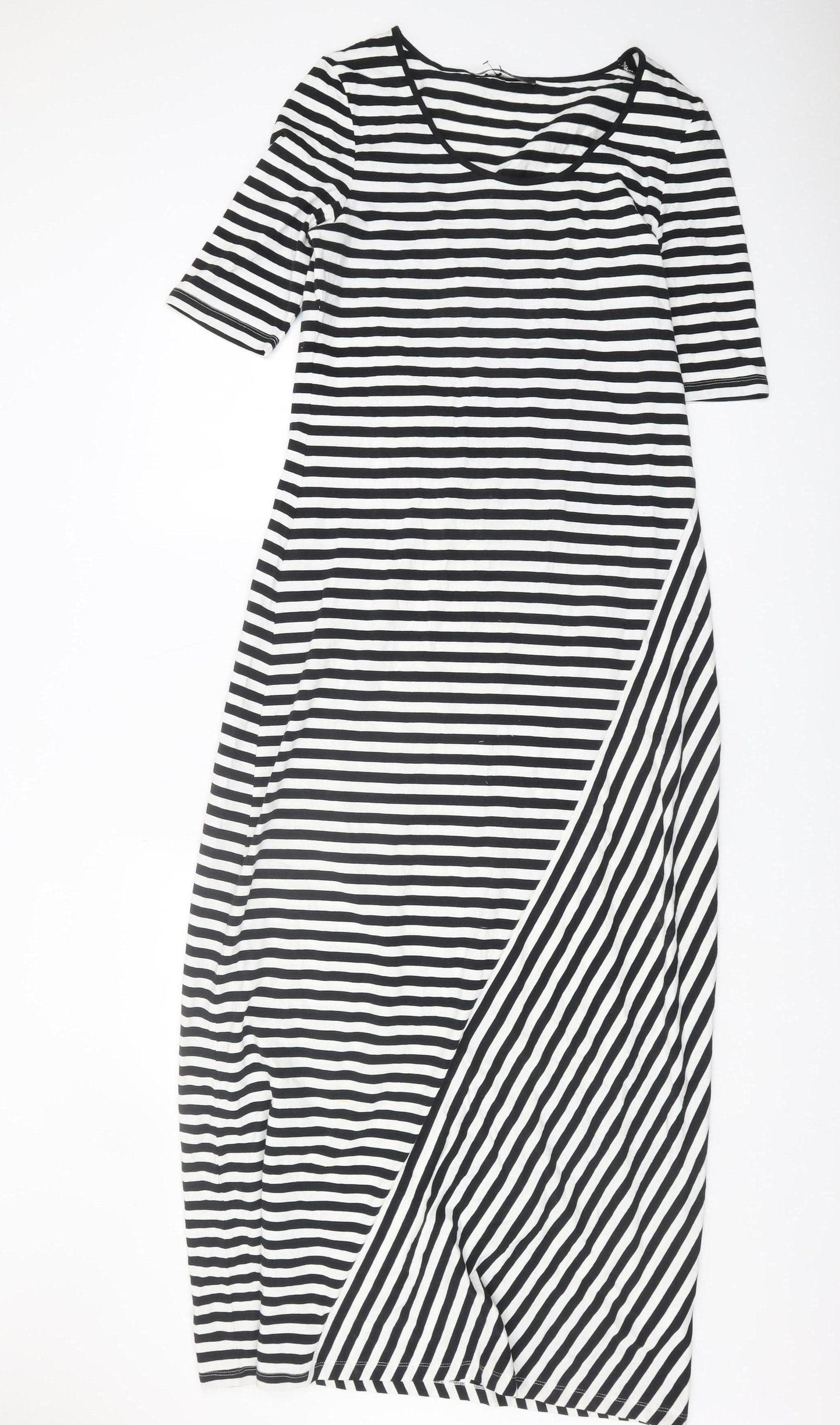 Oui Women's Black V-Neck Striped Shift Dress Size 14