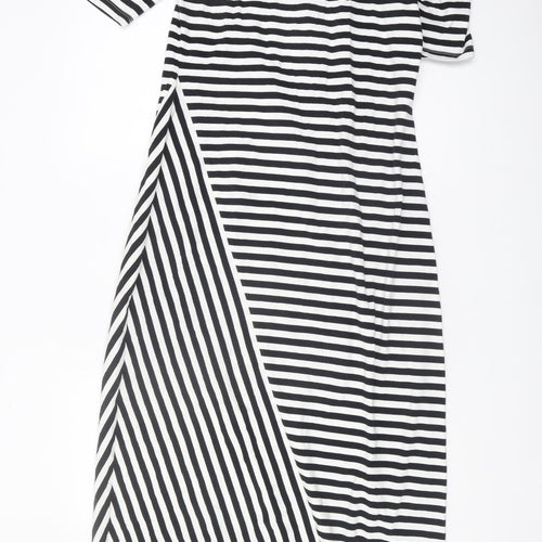 Oui Women's Black V-Neck Striped Shift Dress Size 14
