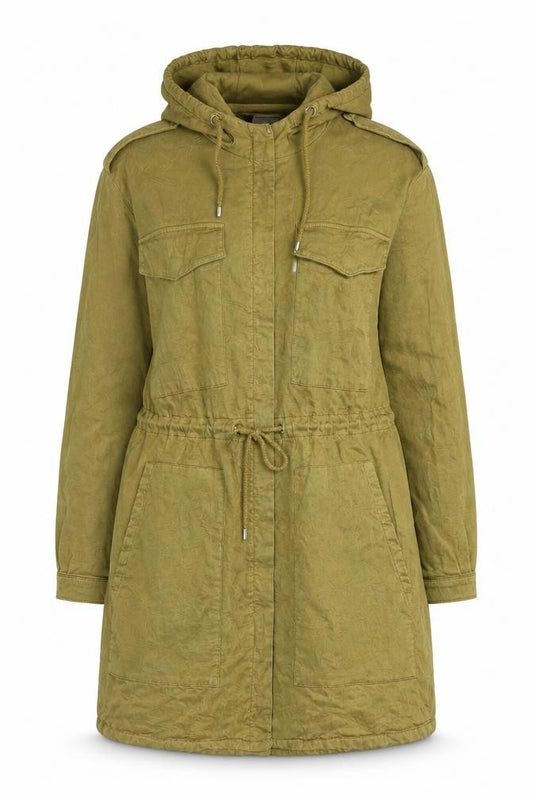 Front view of Mango Women's Green Parka Jacket, size S, - Hooded Long Length