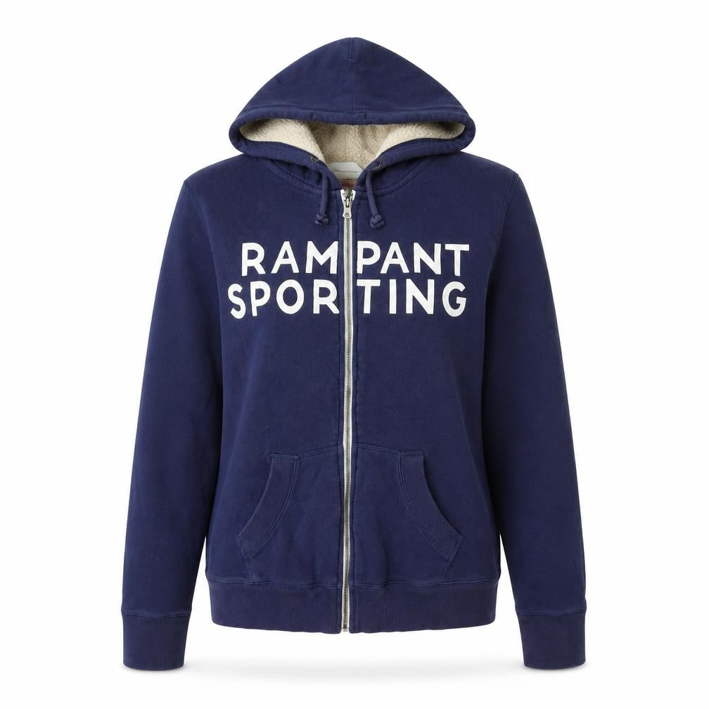 Front view of Rampant Sporting unisex blue full zip hoodie m