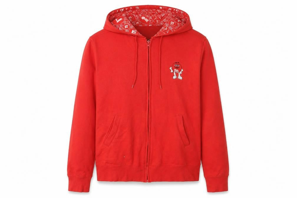Front view of M&M's World Red Full Zip Hoodie, unisex s, casual fun
