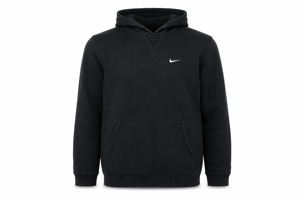 Front view of Nike boys’ black xl pullover hoodie with logo, casual style