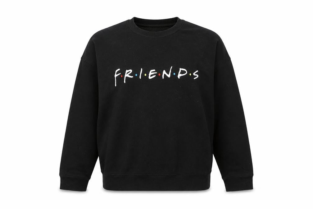 Front view of FRIENDS XS unisex black pullover sweatshirt tv logo
