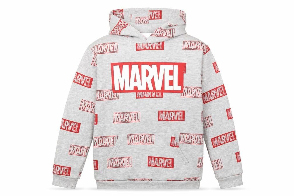 Front view of Marvel boys’ grey pullover hoodie, 9-10 years, graphic print