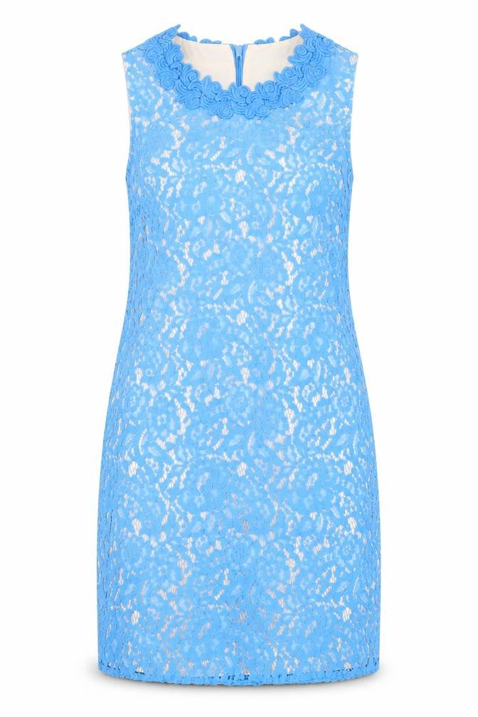 Front view of Oasis Women's Blue Sleeveless Lace Dress, size 12