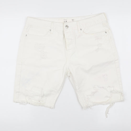 Topman Men's White Denim Slim Fit Distressed Shorts Size 32