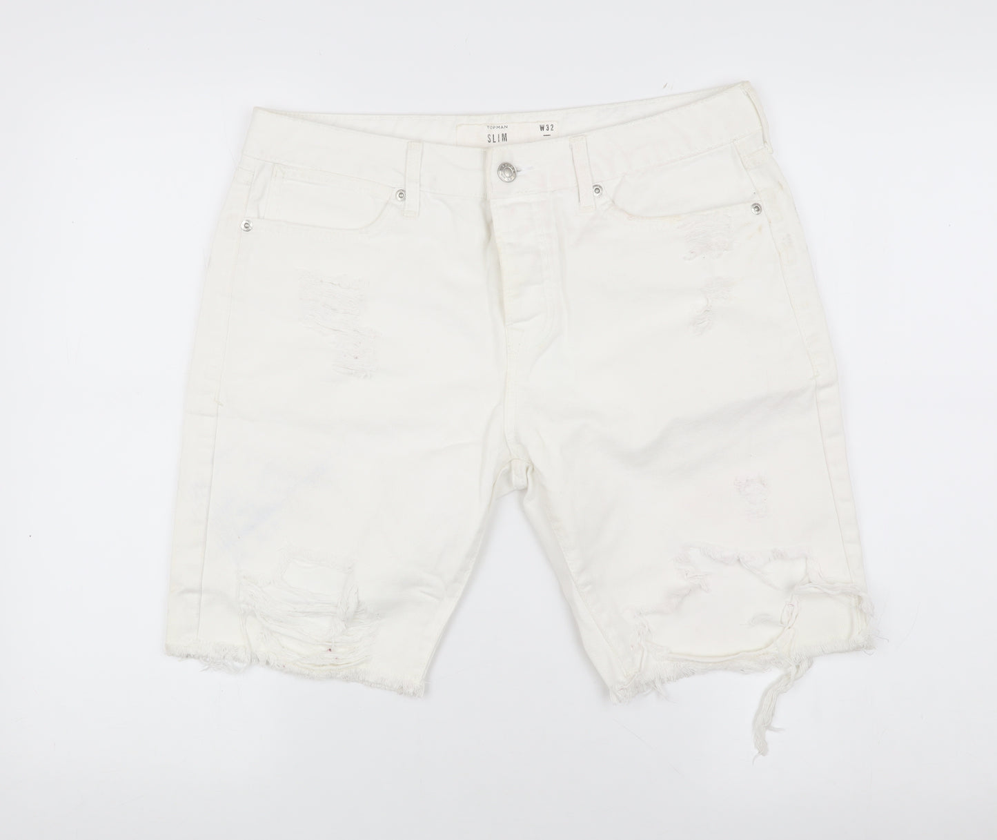 Topman Men's White Denim Slim Fit Distressed Shorts Size 32