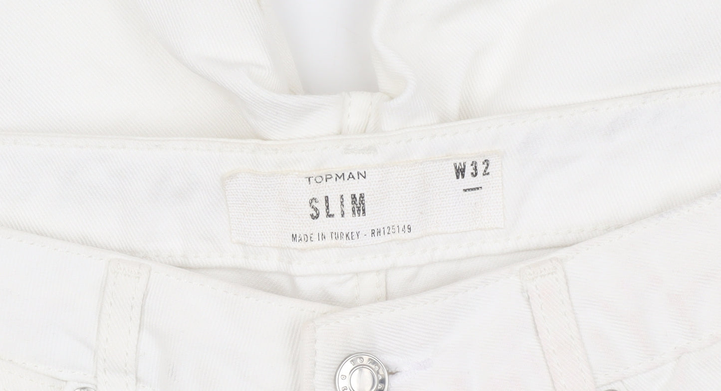 Topman Men's White Denim Slim Fit Distressed Shorts Size 32