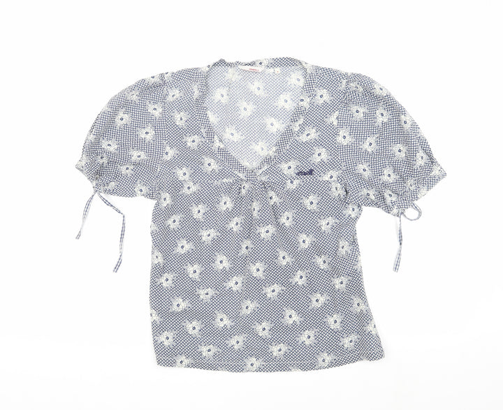 O'Neill Women's Blue Floral Cotton Blouse M Short Sleeve