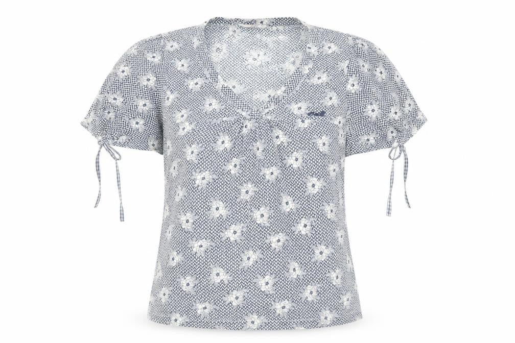 Front view of O'Neill Women's Blue Floral Cotton Blouse M Short Sleeve