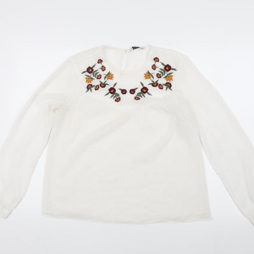 Stradivarius Women’s White Embroidered Blouse - Size 12