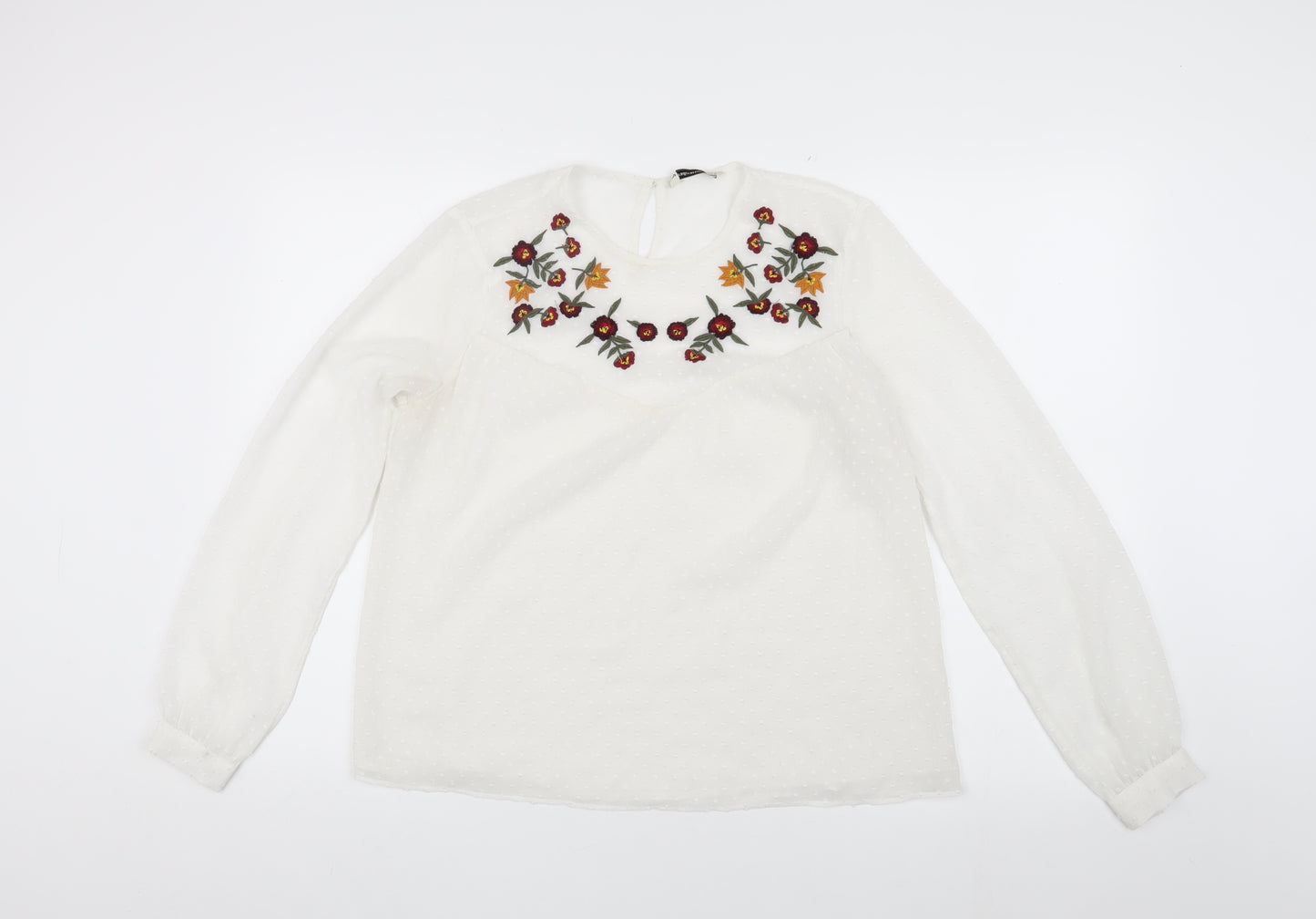 Stradivarius Women’s White Embroidered Blouse - Size 12