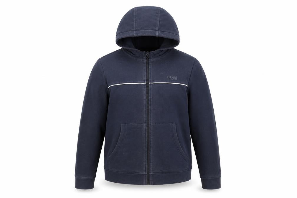 Front view of Hugo Boss boys’ blue hooded jacket, size 14
