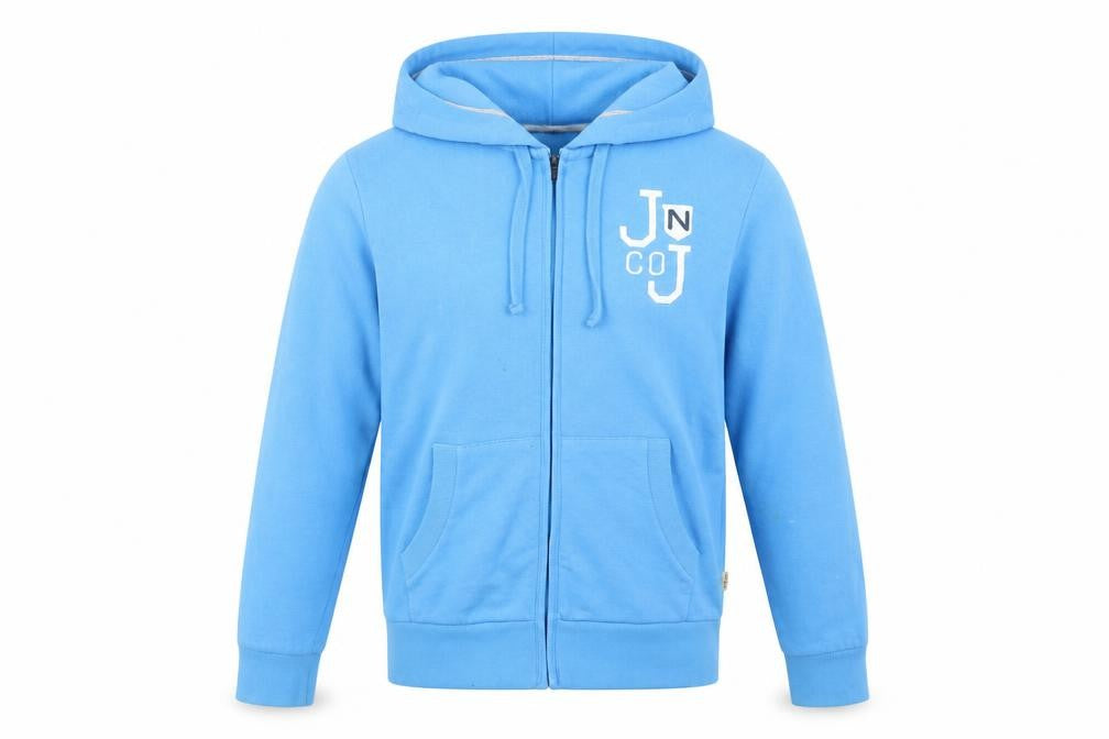 Front view of Jack & Jones Men's Blue Hooded Jacket, size M