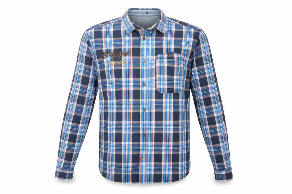 Front view of Jack & Jones Men's Blue Plaid Button-Up Shirt M