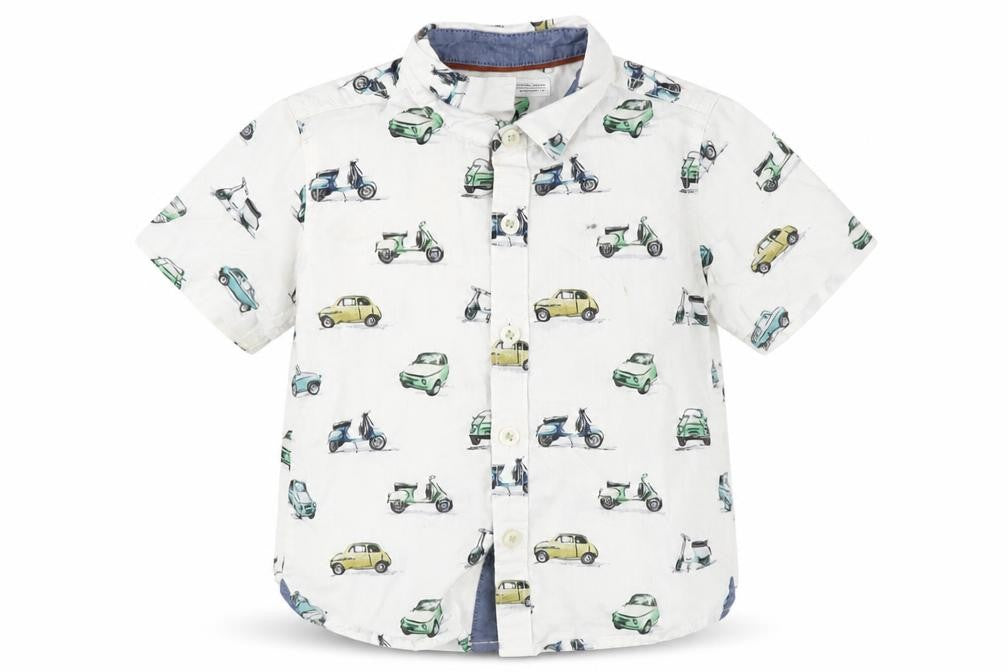 Front view of Next unisex baby car print button-up shirt 12-18m