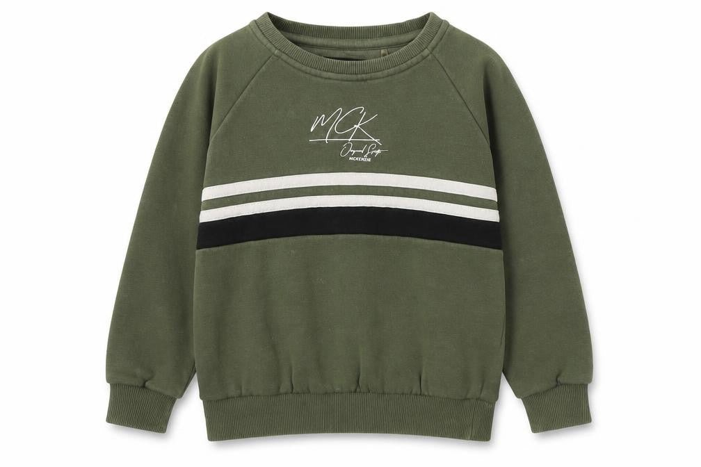 Front view of McKenzie boys’ green sweatshirt 4-5 years crew neck pullover