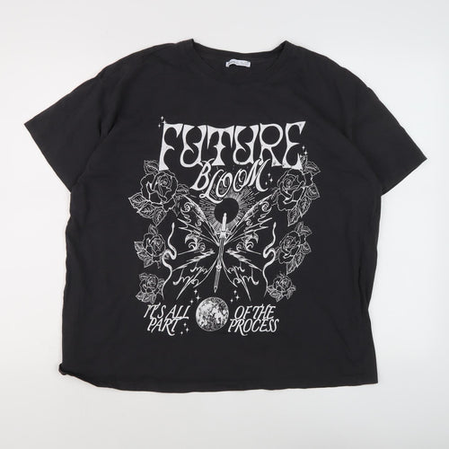 Bershka Black Graphic T-Shirt Unisex Size L Relaxed Fit