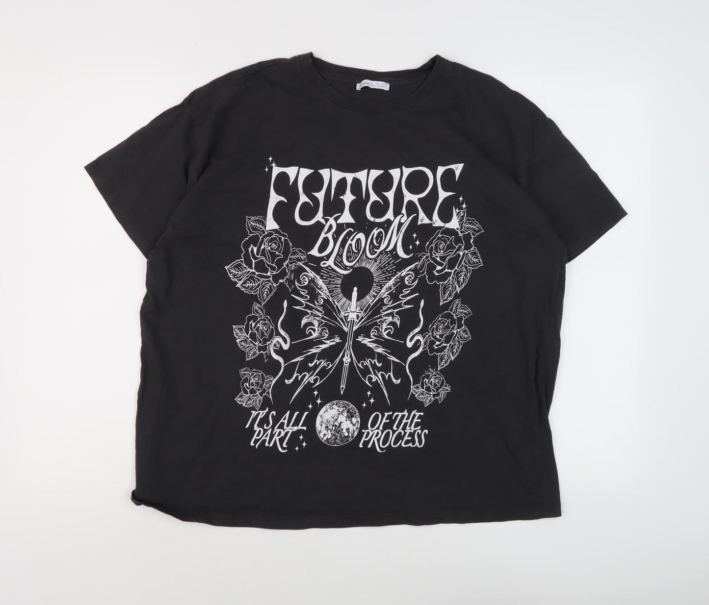 Bershka Black Graphic T-Shirt Unisex Size L Relaxed Fit