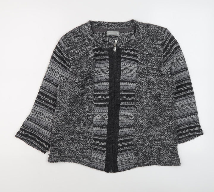 Marks and Spencer Women's Grey Striped Full Zip Jumper M
