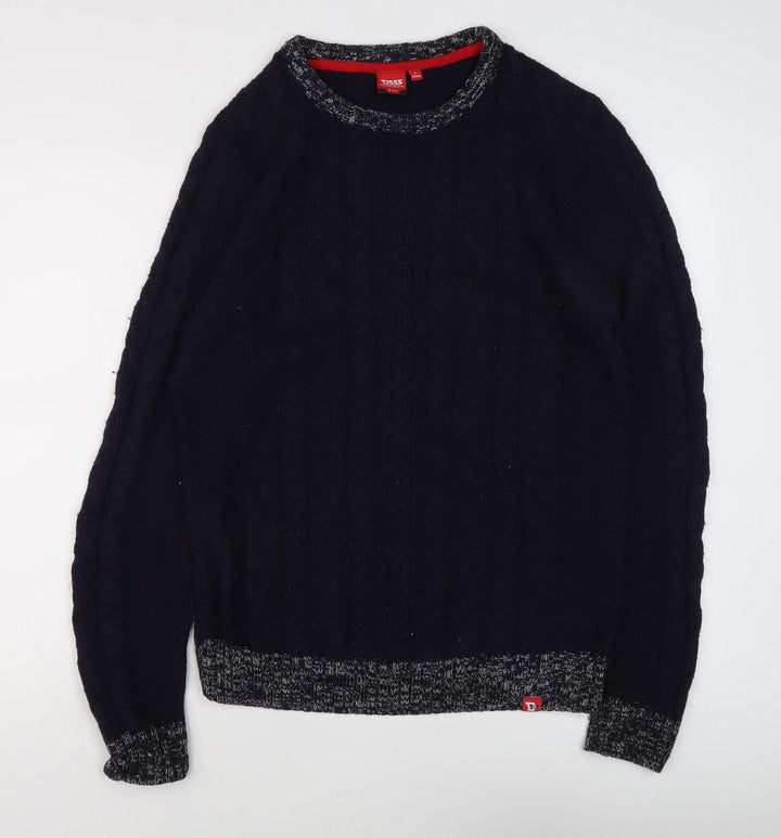 D555 Men's Blue Cable-Knit Pullover Jumper, Size L