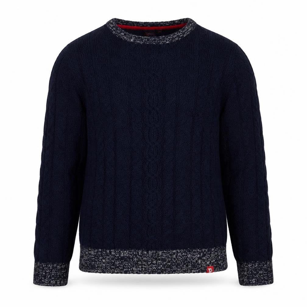 Front view of D555 Men's Blue Cable-Knit jumper, size L