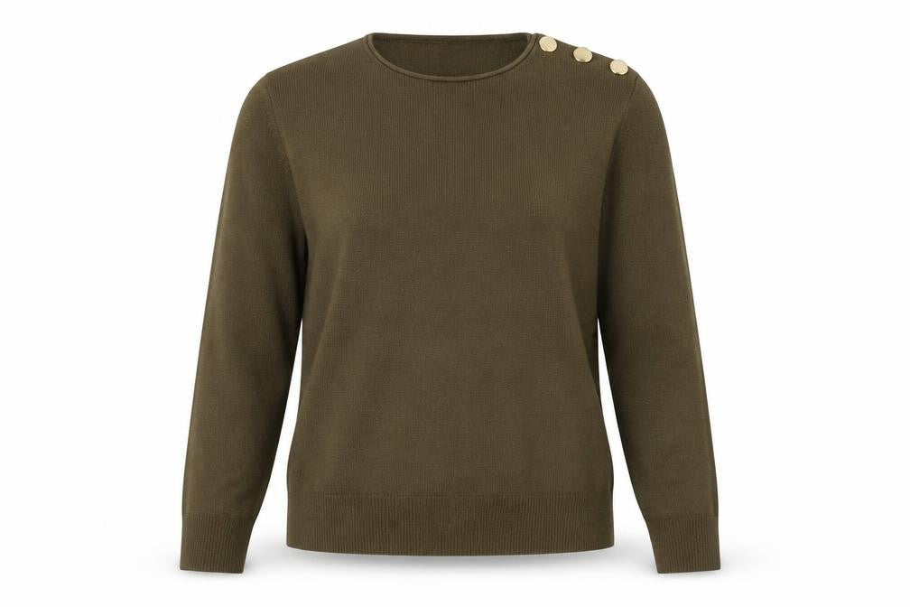 Front view of Mango Women's Green Round Neck Jumper, size 8, with Buttons