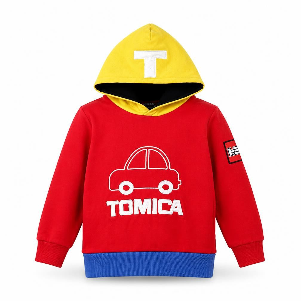 Front view of Tomica boys’ red pullover hoodie, cars graphic, 3 years