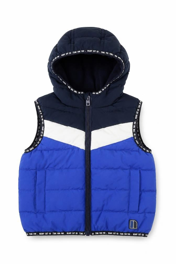 Front view of Next unisex blue puffer jacket 12-18 months